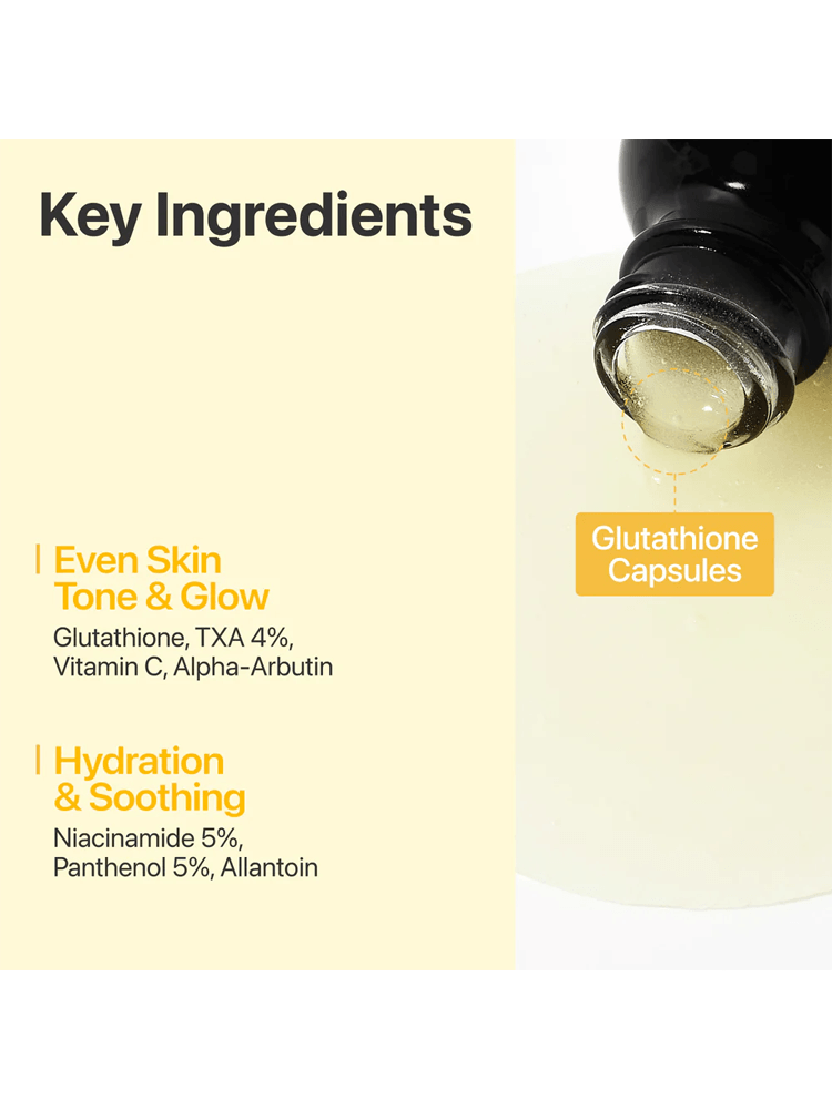 Key ingredients of NUMBUZIN No.5 Vitamin Concentrated Serum showcasing glutathione capsules, niacinamide, and vitamin C.