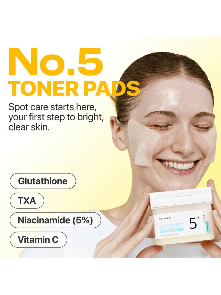 NUMBUZIN No.5 Vitamin-Niacinamide Concentrated Pad packaging with a model showcasing toner pad use.