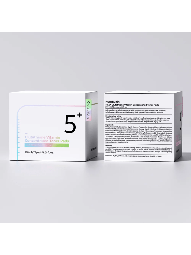 NUMBUZIN No.5 Vitamin-Niacinamide Concentrated Pad packaging, showcasing 70 pads for skin hydration and exfoliation.