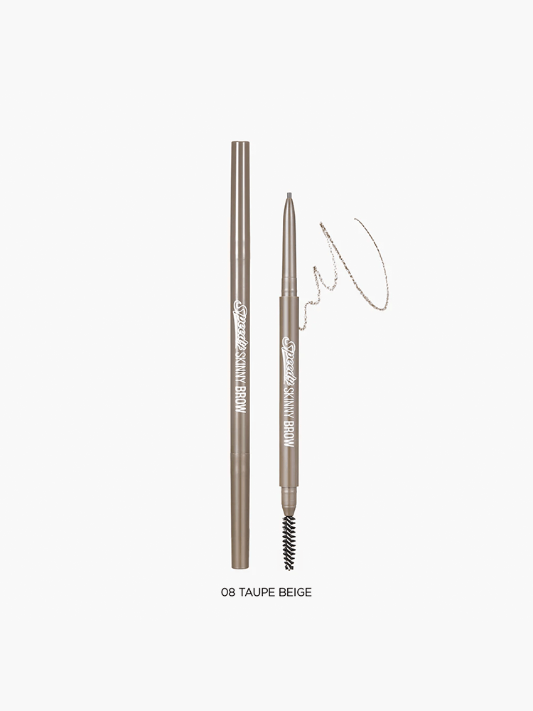 PERIPERA Speedy Skinny Brow 0.05g in Taupe Beige with pencil and brush for precise brow styling.