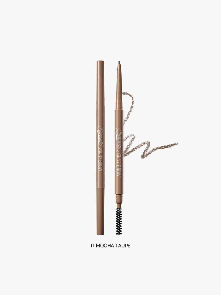 PERIPERA Speedy Skinny Brow 0.05g eyebrow pencil with brush and swatch line.
