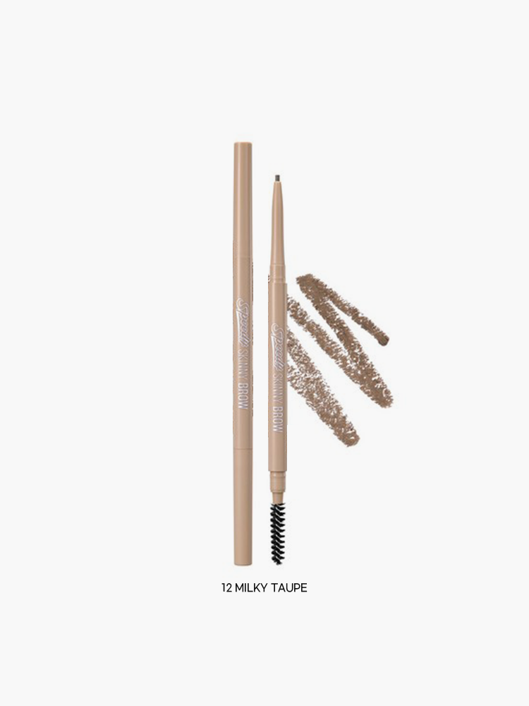 PERIPERA Speedy Skinny Brow 0.05g pencil and swatches on white background