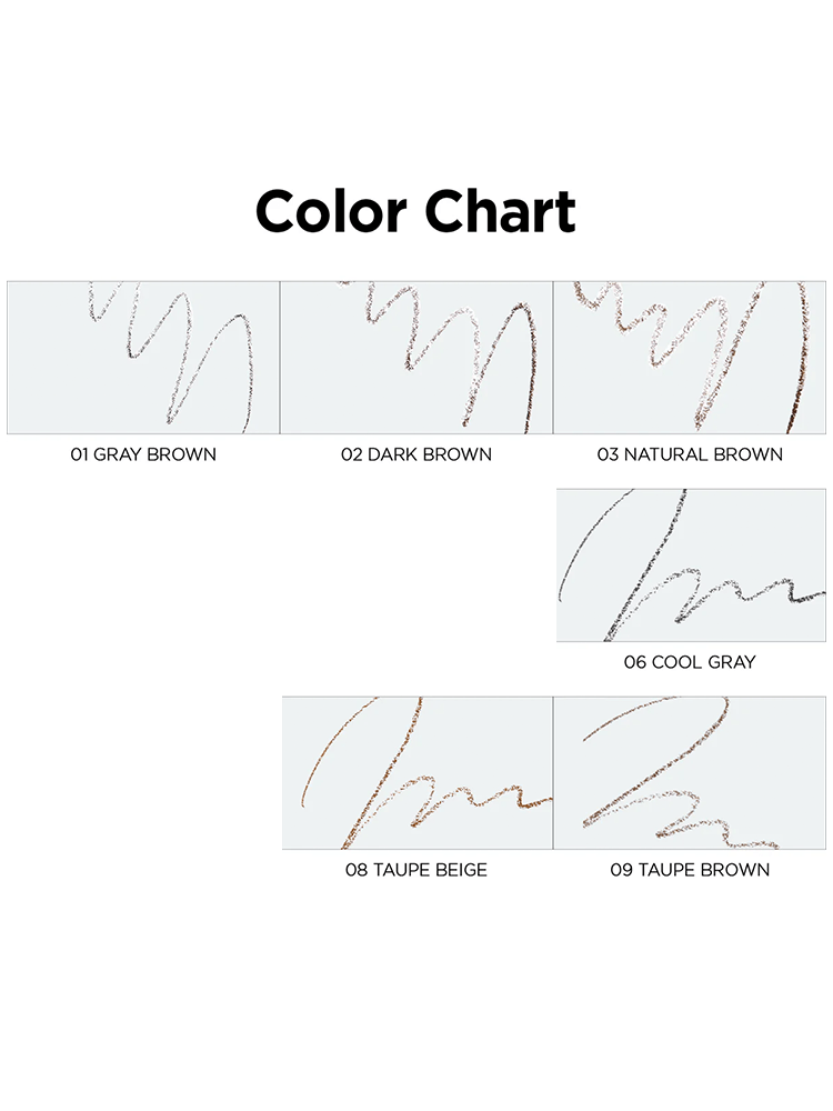 PERIPERA Speedy Skinny Brow color chart showing various shades: Gray Brown, Dark Brown, Natural Brown, Cool Gray, Taupe Beige, Taupe Brown.