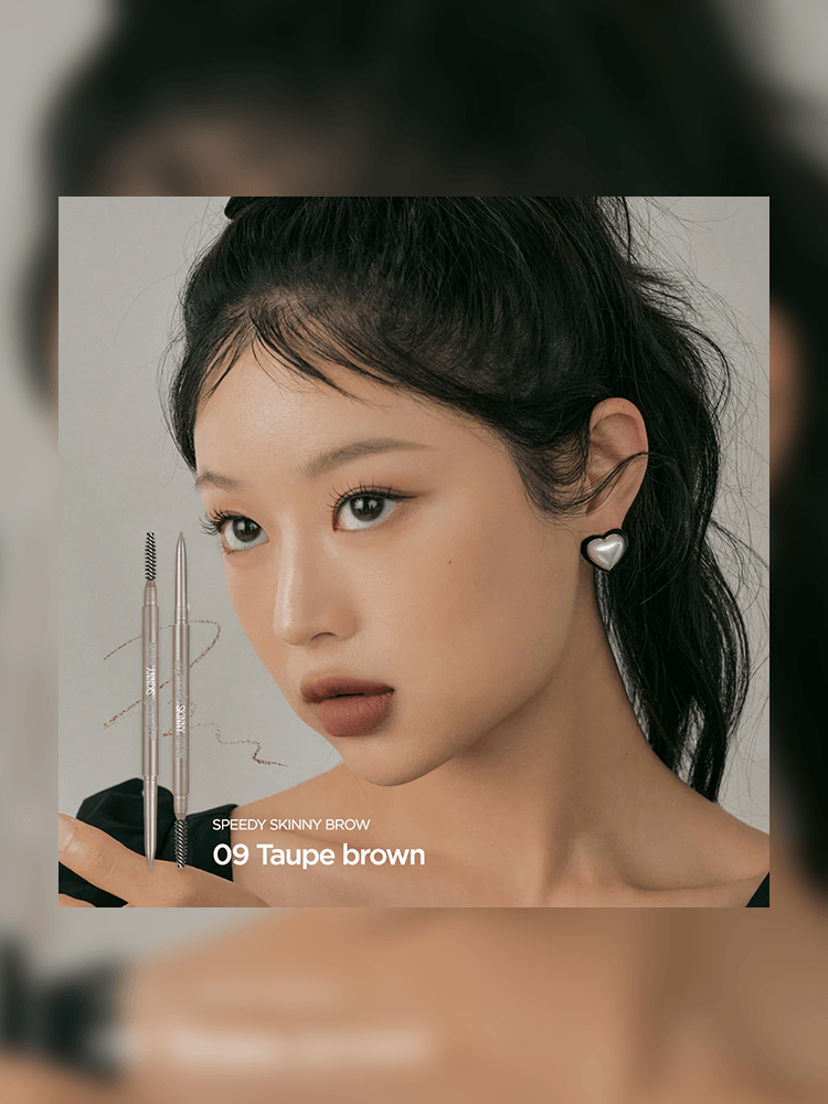 PERIPERA Speedy Skinny Brow 0.05g in Taupe brown showcased on a model, highlighting eyebrow makeup.