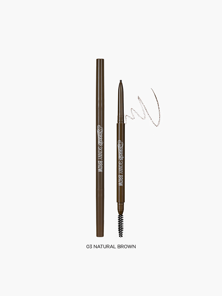 PERIPERA Speedy Skinny Brow 0.05g in Natural Brown with a brow brush and pencil.