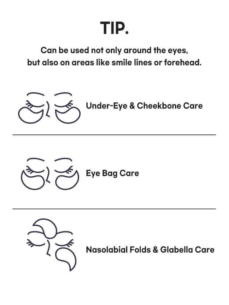 Usage tips for PETITFEE Gold Hydrogel Eye Patch 1.4g, including under-eye, eye bag, and nasolabial folds care.