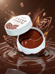 PETITFEE Cacao Energizing Hydrogel Eye patch 84g jar with chocolate swirl background and cacao pods.