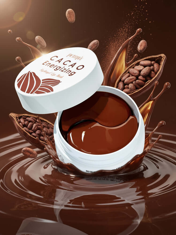 PETITFEE Cacao Energizing Hydrogel Eye patch 84g jar with chocolate swirl background and cacao pods.