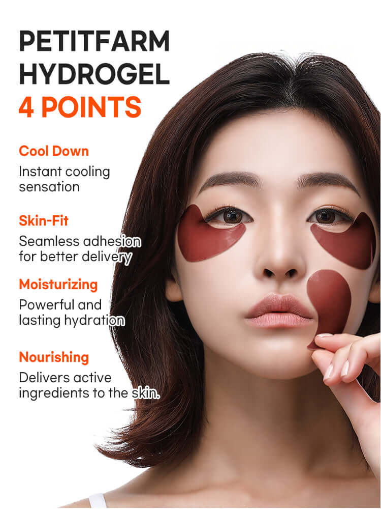 PETITFEE Cacao Energizing Hydrogel Eye patch 84g with cooling sensation and nourishing ingredients for radiant eyes.