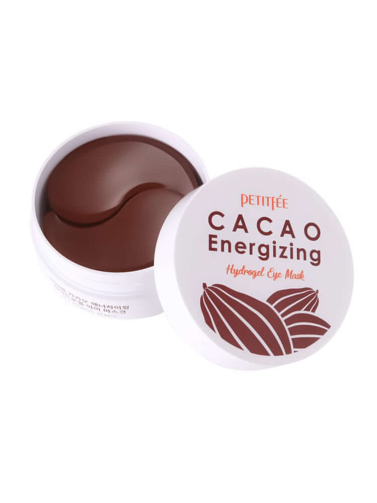 PETITFEE Cacao Energizing Hydrogel Eye patch 84g in container, showcasing rich brown eye masks for brightening under-eyes.