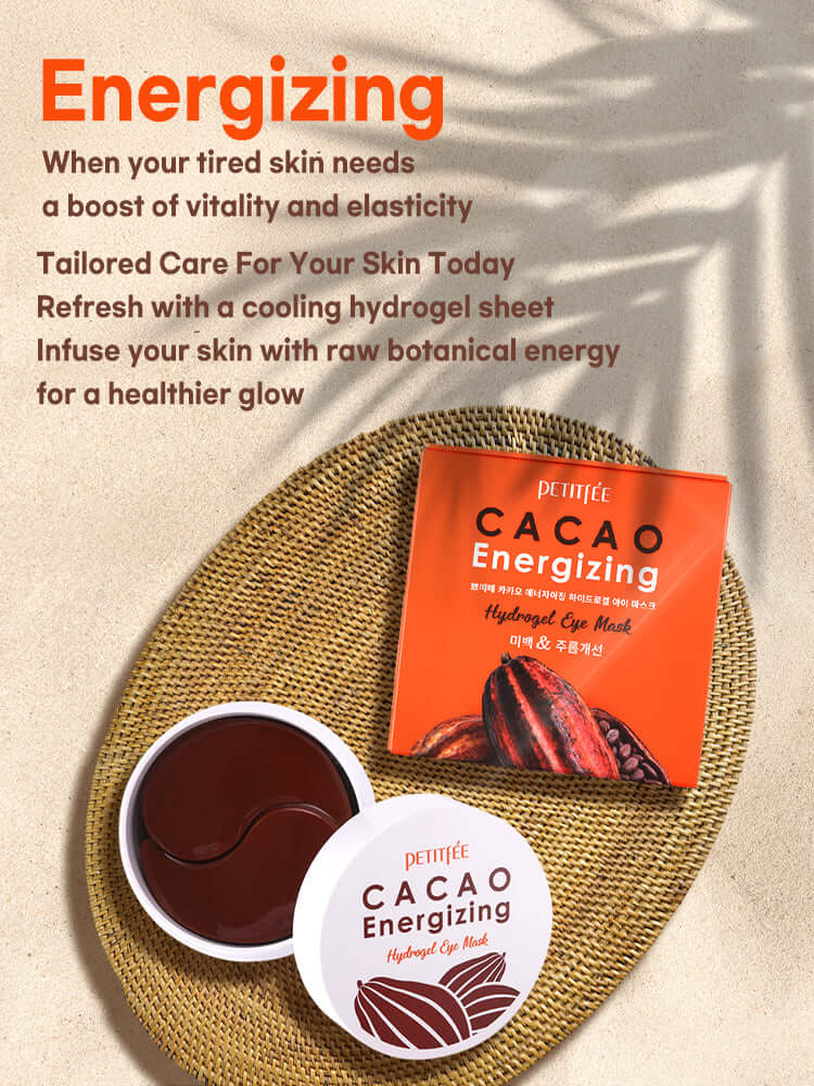 PETITFEE Cacao Energizing Hydrogel Eye patch 84g with botanicals for skin vitality and elasticity.