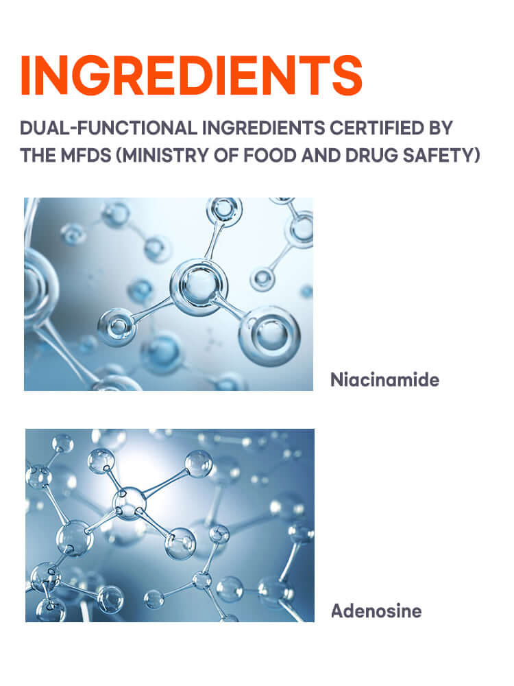 Ingredients of PETITFEE Cacao Energizing Hydrogel Eye patch 84g: Niacinamide and Adenosine with molecular structures.