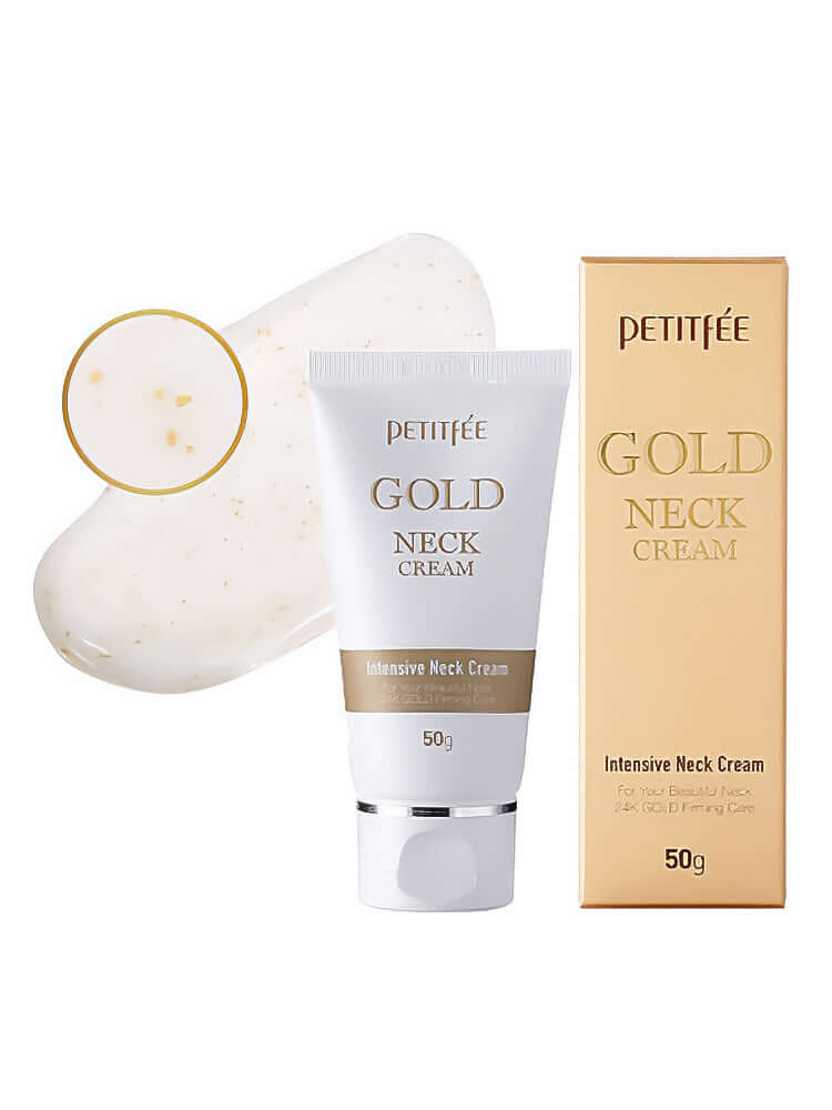 PETITFEE Gold Neck Cream 50g tube and box with luxurious formula for wrinkle care and skin elasticity.