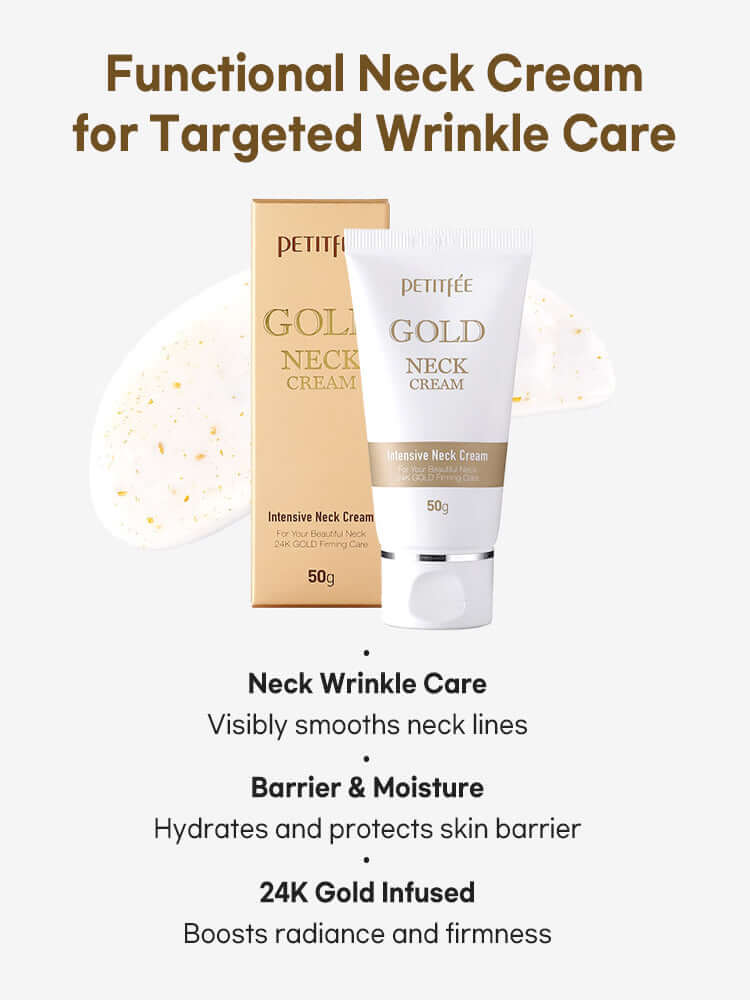 PETITFEE Gold Neck Cream 50g tube with benefits for wrinkle care, hydration, and radiance enhancement.