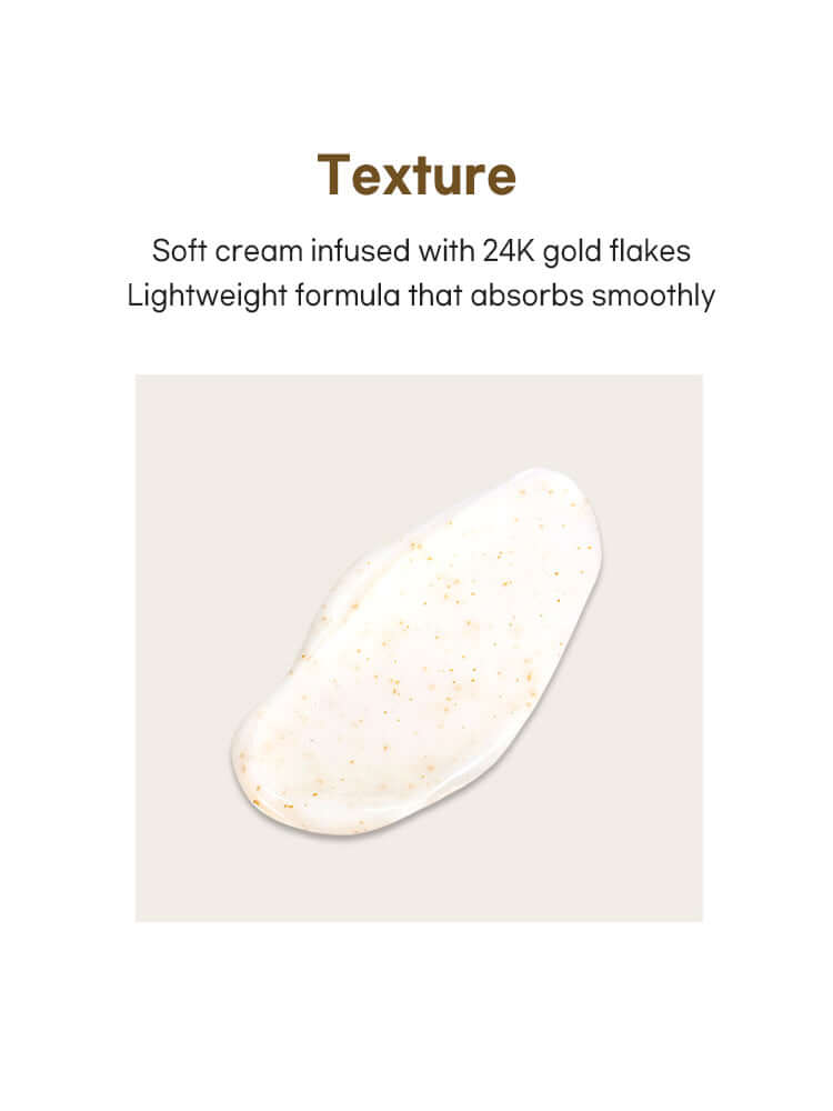 Texture of PETITFEE Gold Neck Cream 50g, showing soft cream infused with 24K gold flakes for smooth absorption.