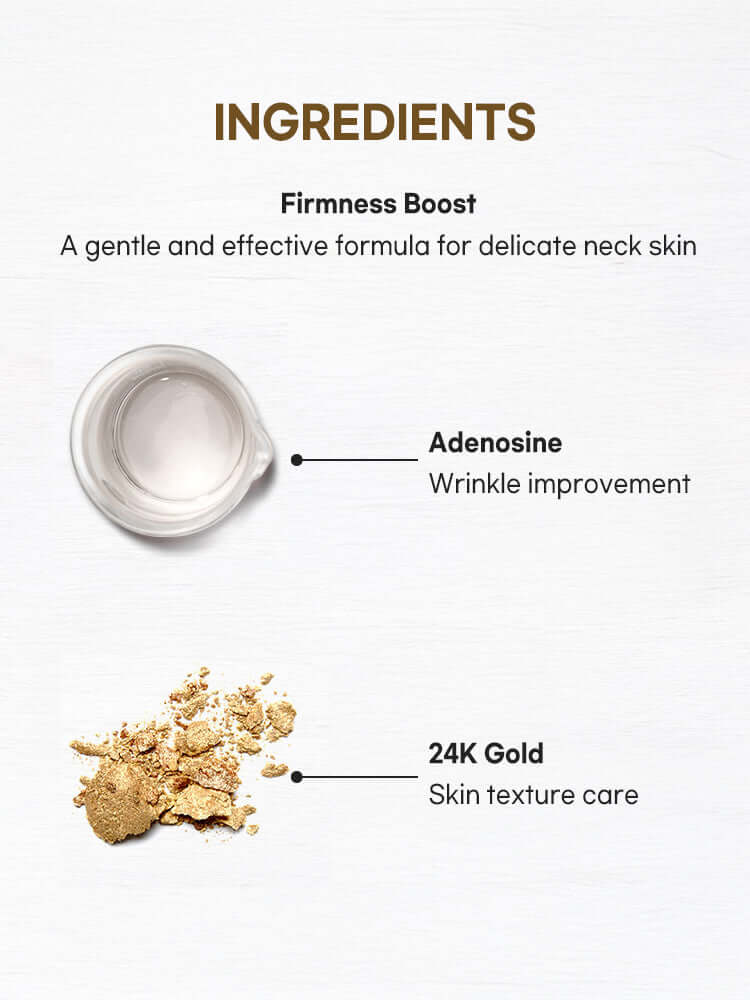 PETITFEE Gold Neck Cream 50g ingredients including adenosine for wrinkles and 24K gold for skin texture care.