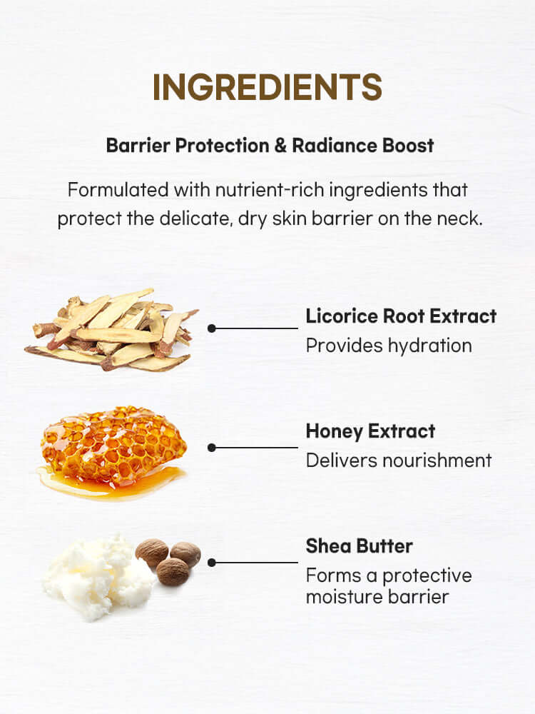 Ingredients of PETITFEE Gold Neck Cream 50g: Licorice Root Extract, Honey Extract, and Shea Butter for skin barrier protection.