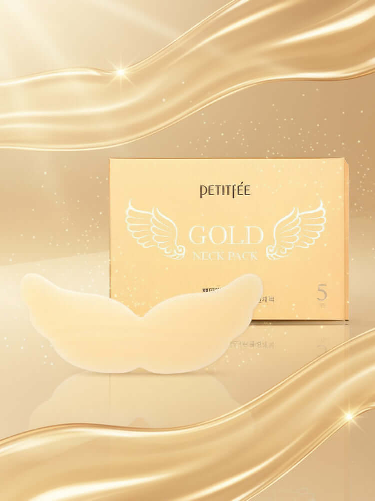 PETITFEE Gold Neck Pack 10g with 5 pieces, showcasing a luxurious neck patch and elegant packaging.