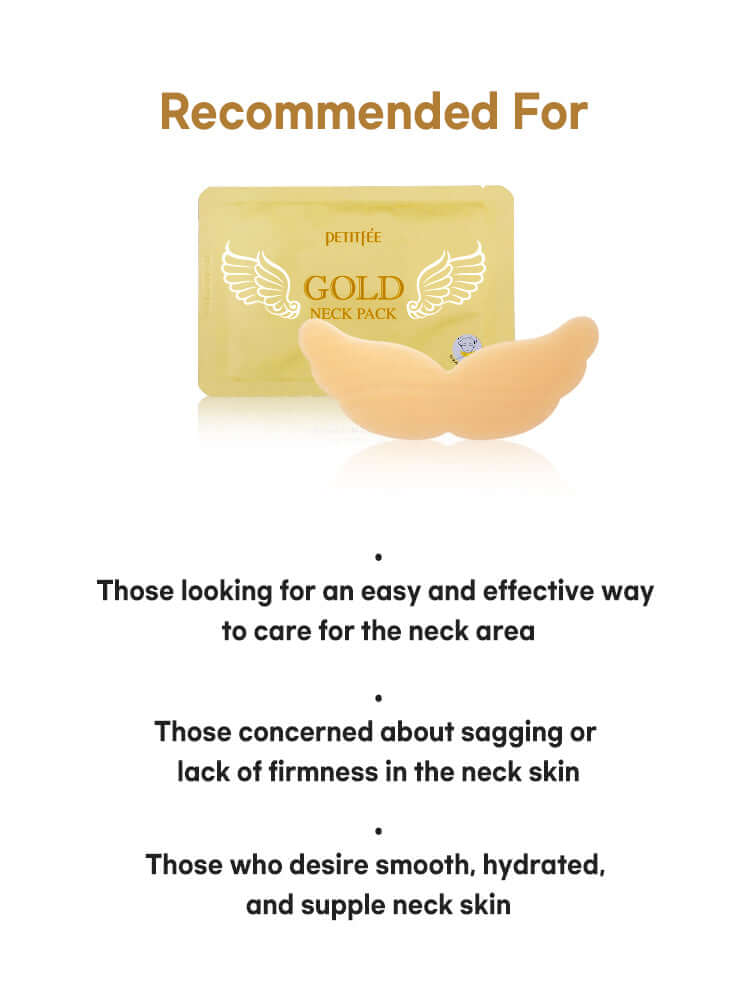 PETITFEE Gold Neck Pack 10g packaging and neck patch recommended for anti-aging and hydration benefits.
