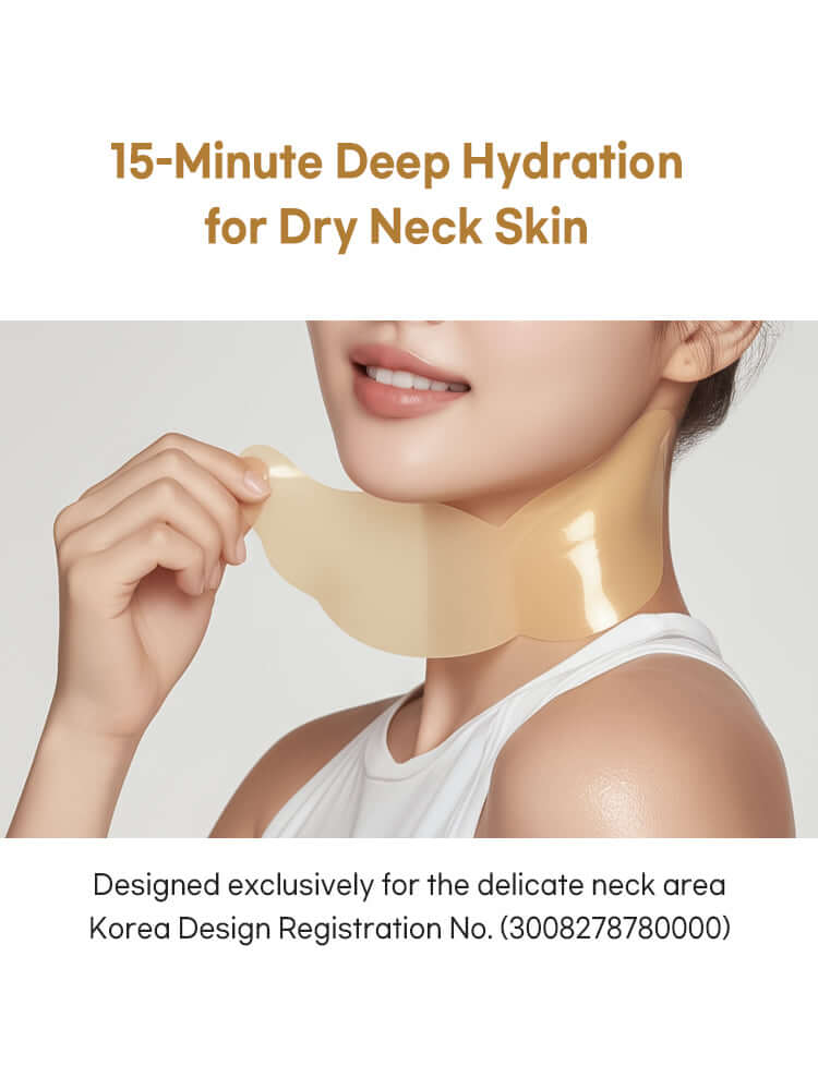 PETITFEE Gold Neck Pack 10g product showing deep hydration for dry neck skin with a smiling model.