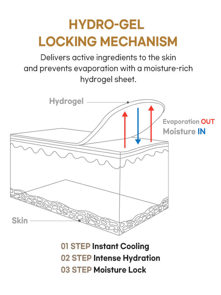 Diagram illustrating the Hydro-Gel Locking Mechanism for delivering moisture with PETITFEE Gold Neck Pack 10g.