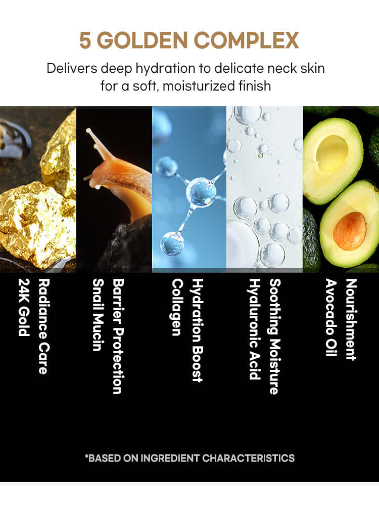 5 Golden Complex ingredients for PETITFEE Gold Neck Pack 10g, featuring 24K gold, snail mucin, collagen, hyaluronic acid, avocado oil.