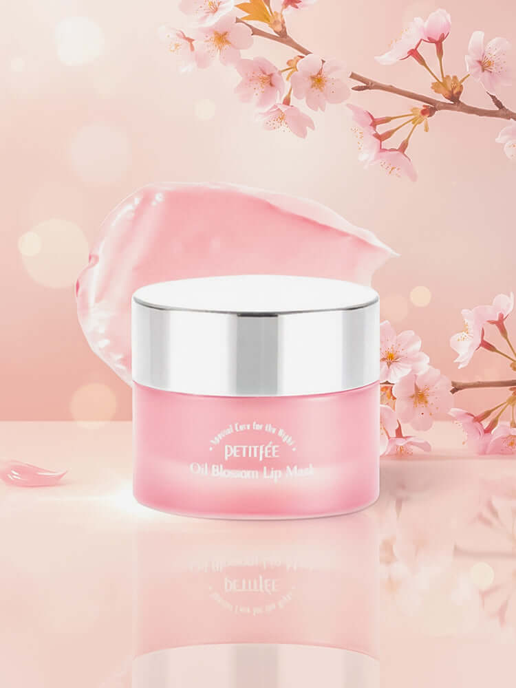 PETITFEE Oil Blossom Lip Mask 15g Camelia Seed Oil in pink jar with floral background.