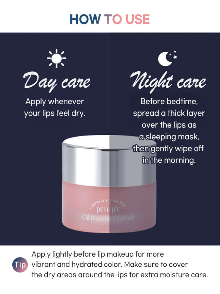 PETITFEE Oil Blossom Lip Mask 15g Camelia Seed Oil instructions for day and night care use.