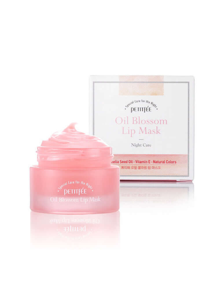 PETITFEE Oil Blossom Lip Mask 15g Camelia Seed Oil in a pink container with a soft texture for nighttime lip care.