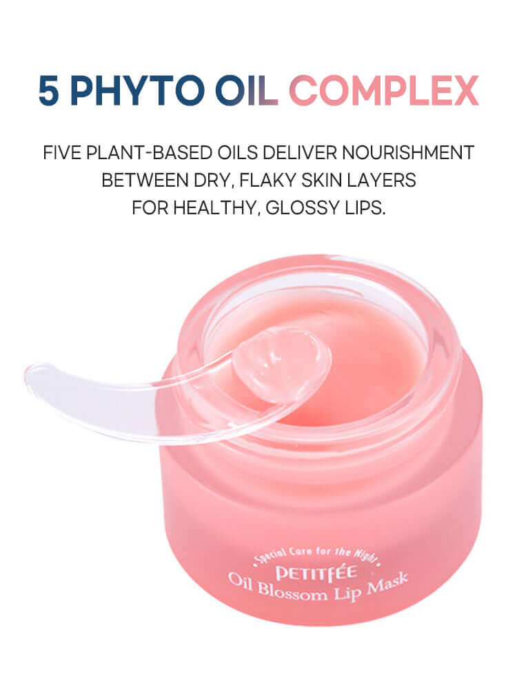 PETITFEE Oil Blossom Lip Mask 15g Camelia Seed Oil in jar with 5 Phyto Oil Complex for healthy, glossy lips.