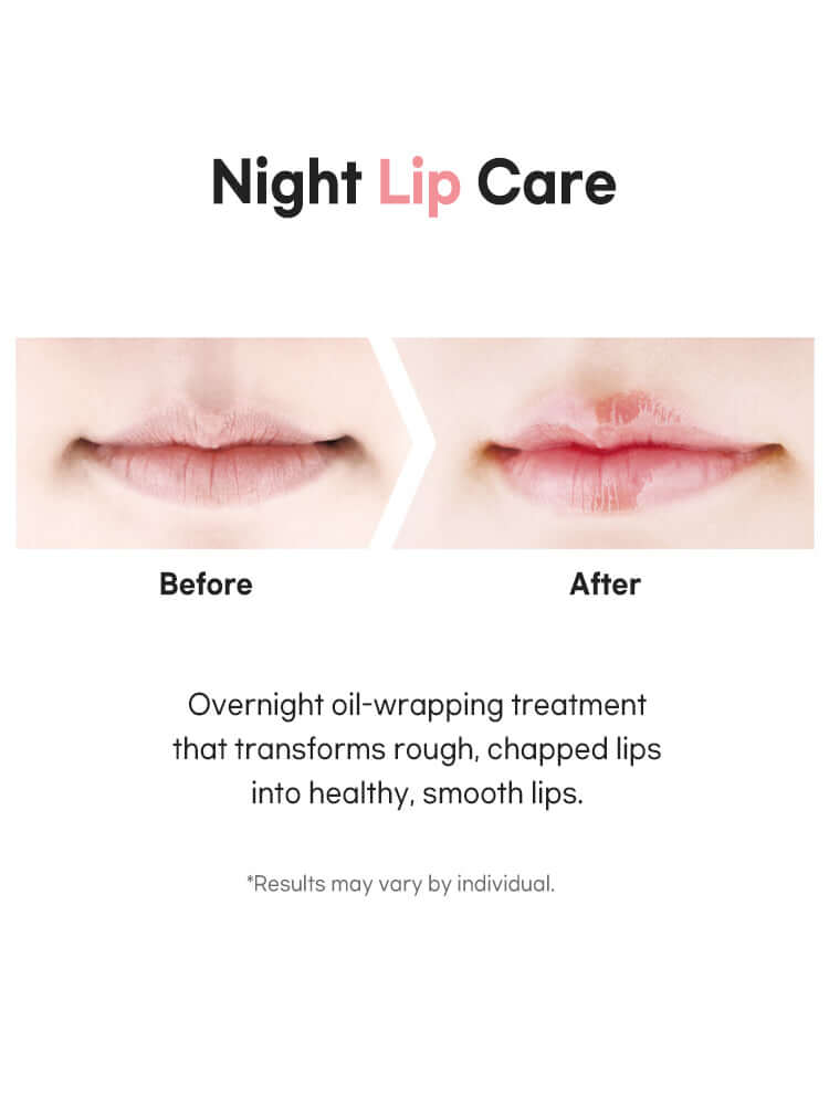 Before and after image showcasing the results of PETITFEE Oil Blossom Lip Mask 15g Camelia Seed Oil for smooth lips.