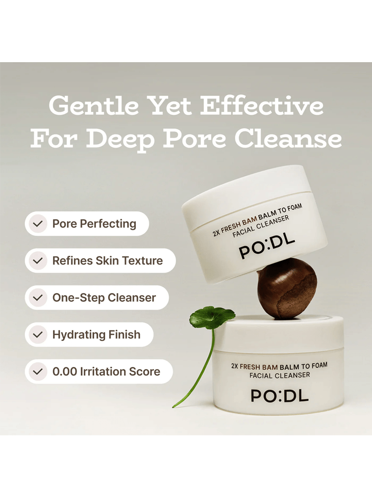 PODL 2X Fresh Bam Balm To Foam facial cleanser packaging with key benefits listed on a clean background.