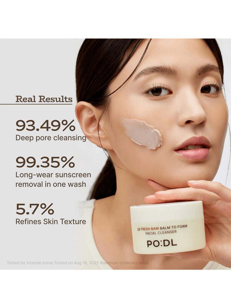 PODL 2X Fresh Bam Balm To Foam shown on model highlighting its deep cleansing and skin refining results.