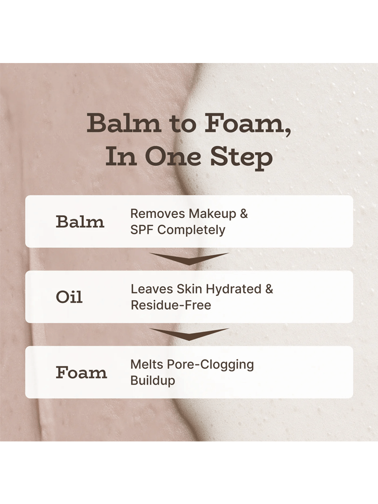 PODL 2X Fresh Bam Balm To Foam infographic showing benefits of balm, oil, and foam in one step cleansing.