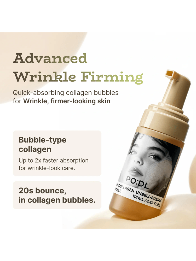 PODL Bam Collagen Unbeli-Bubble Ampoule promotes advanced wrinkle firming with quick-absorbing collagen bubbles for youthful skin.