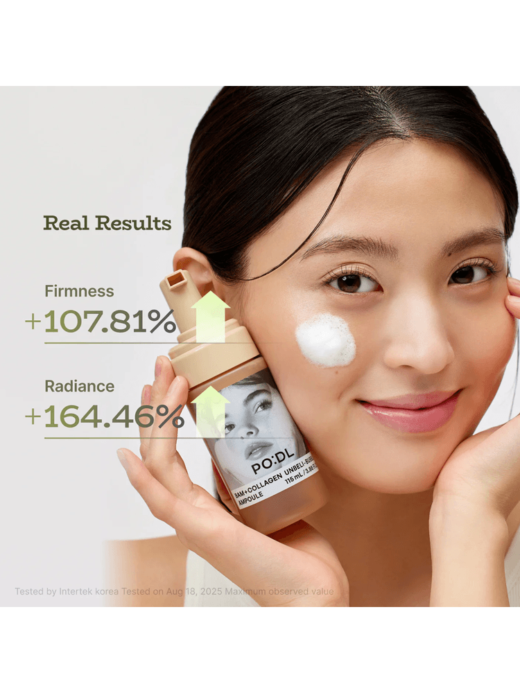PODL Bam Collagen Unbeli-Bubble Ampoule showing real results with increased firmness and radiance on a woman's skin.