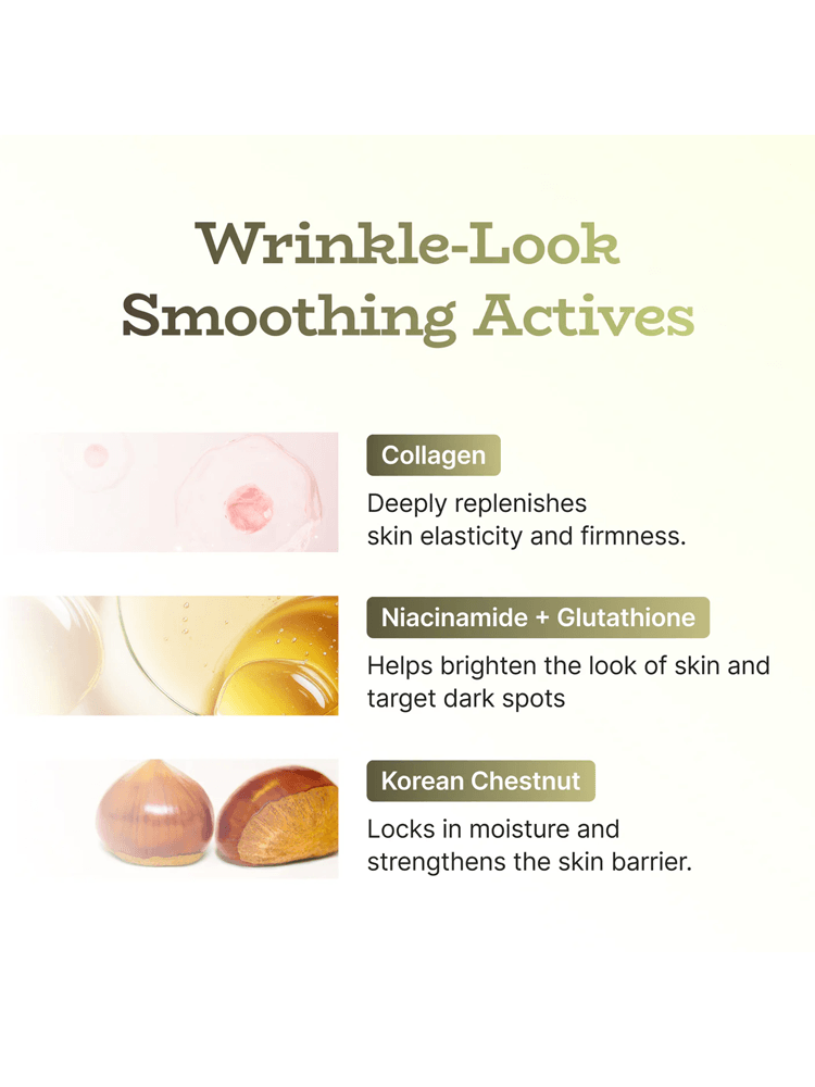 PODL Bam Collagen Unbeli-Bubble Ampoule showcasing wrinkle-look smoothing actives: Collagen, Niacinamide + Glutathione, Korean Chestnut.