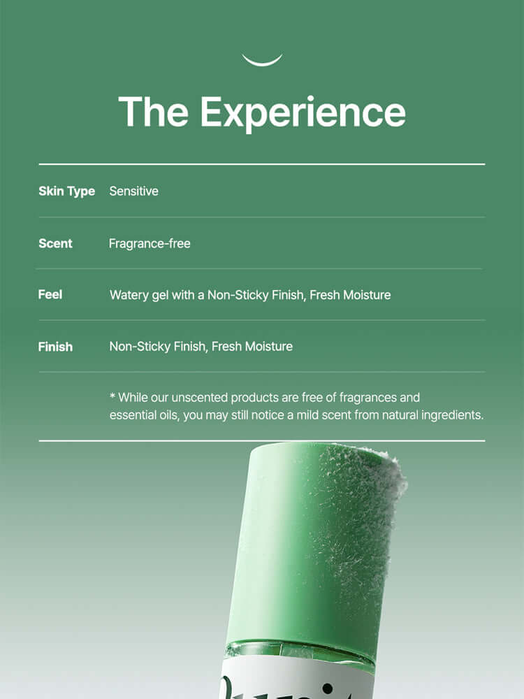 Product details for PURITO Centella Unscented Serum 60ml; sensitive skin type, fragrance-free, watery gel, non-sticky finish.