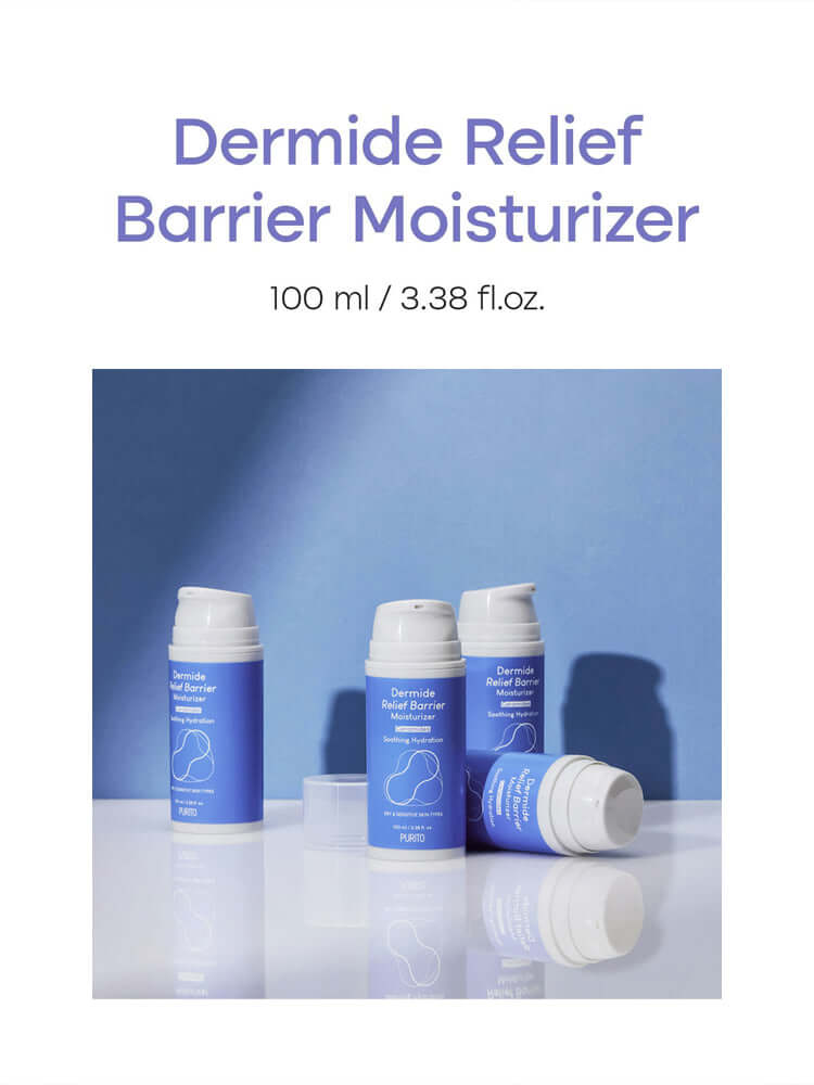 PURITO Dermide Relief Barrier Moisturizer 100ml with bottles on a blue background, showcasing the product line.