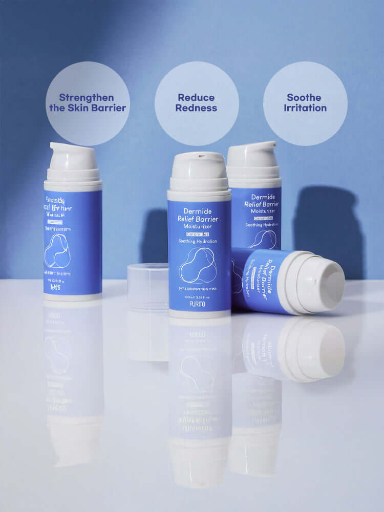 PURITO Dermide Relief Barrier Moisturizer 100ml displayed on a reflective surface, highlighting its benefits for sensitive skin.