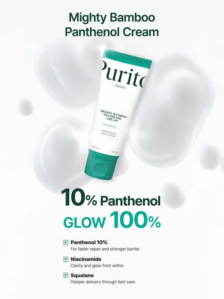 PURITO Mighty Bamboo Panthenol Cream 100ml tube with ingredients summary and benefits highlighted