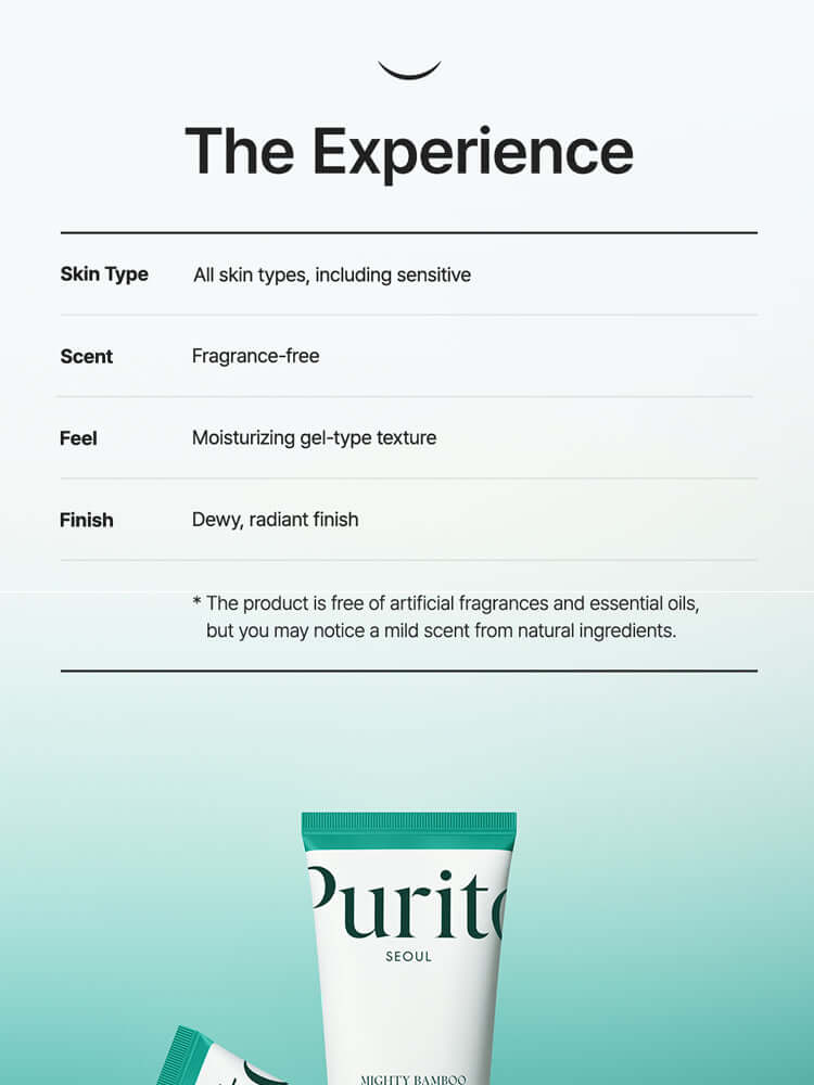 PURITO Mighty Bamboo Panthenol Cream 100ml product details overview, showcasing skin benefits and texture.