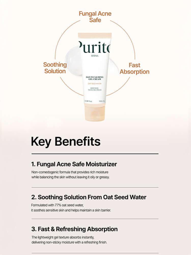PURITO Oat In Calming Gel Cream 100ml with key benefits on a light background, highlighting moisturizing and fast absorption properties.