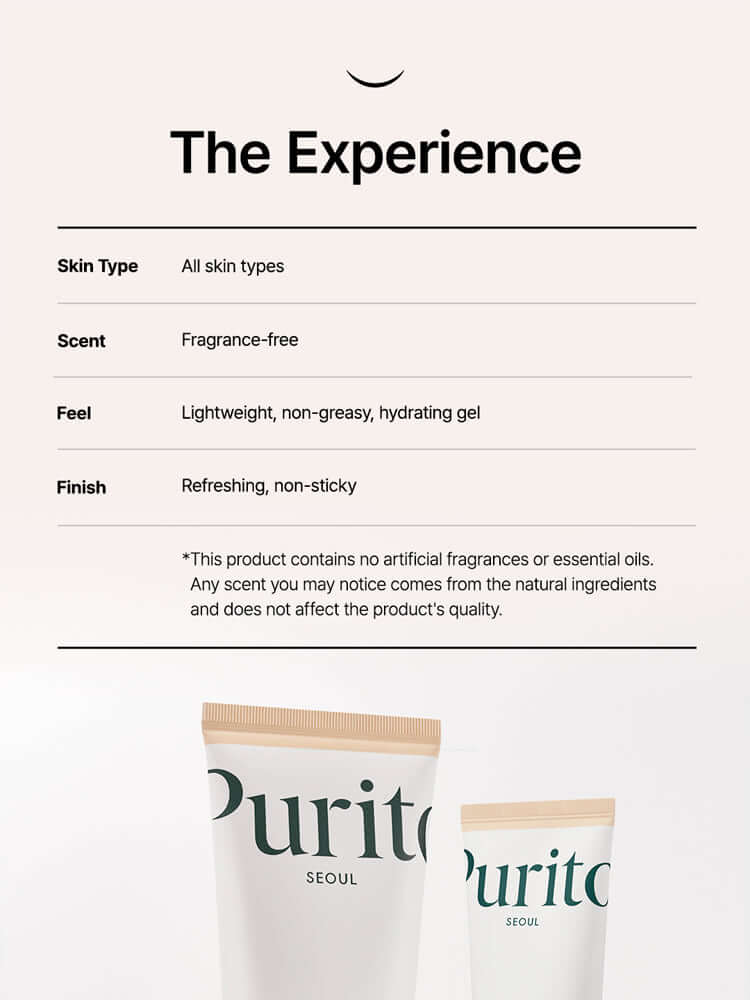 Product details for PURITO Oat In Calming Gel Cream 100ml: all skin types, fragrance-free, refreshing finish.