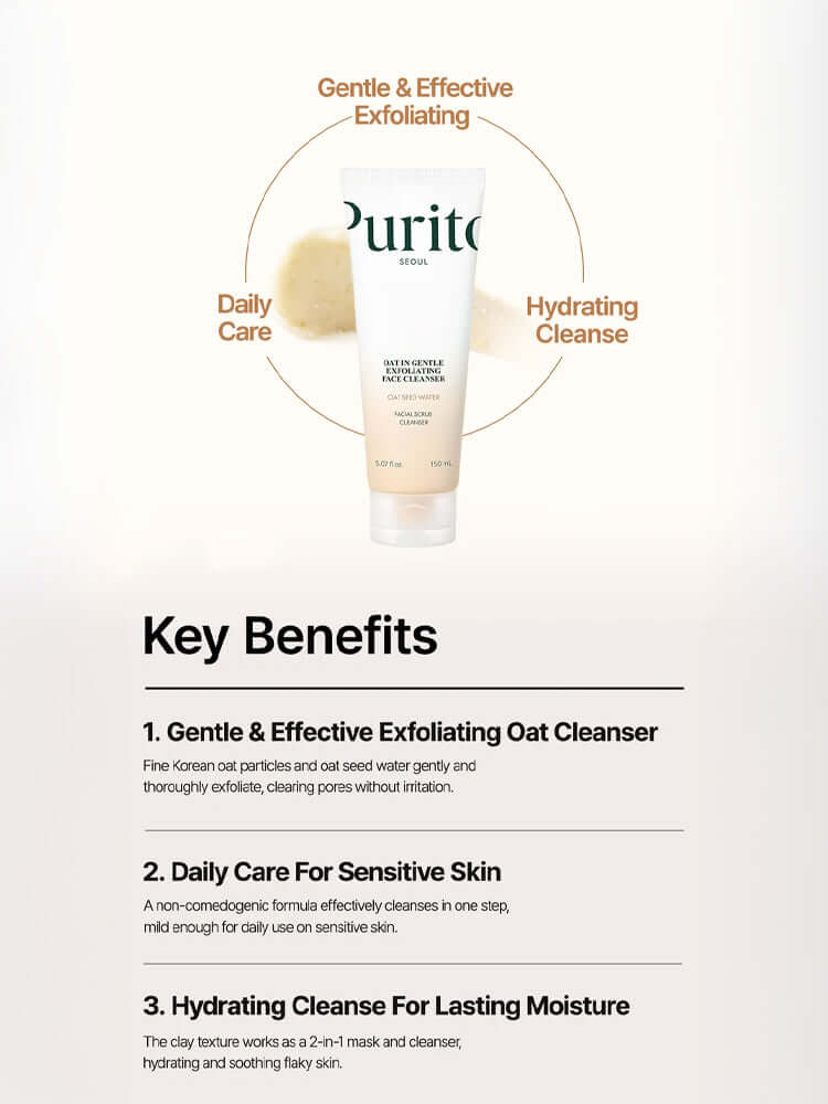 PURITO Oat In Gentle Exfoliating Face Cleanser 150ml with key benefits highlighted on packaging.