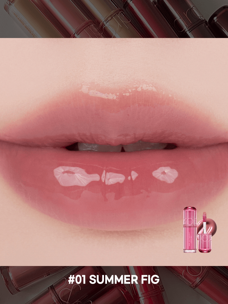 rom&nd The juicy lasting tint Mini 1g in #01 Summer Fig on glossy lips, showcasing rich color and shine.