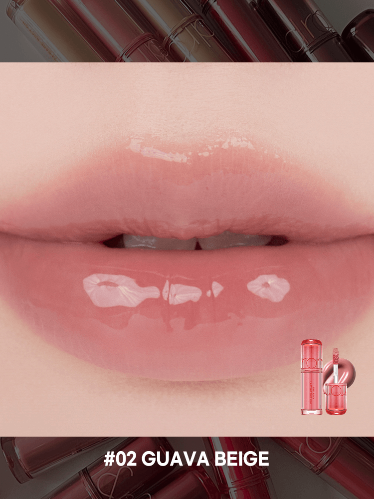 rom&nd The juicy lasting tint Mini 1g swatch on lips in shade #02 Guava Beige, showcasing glossy finish and hydration.