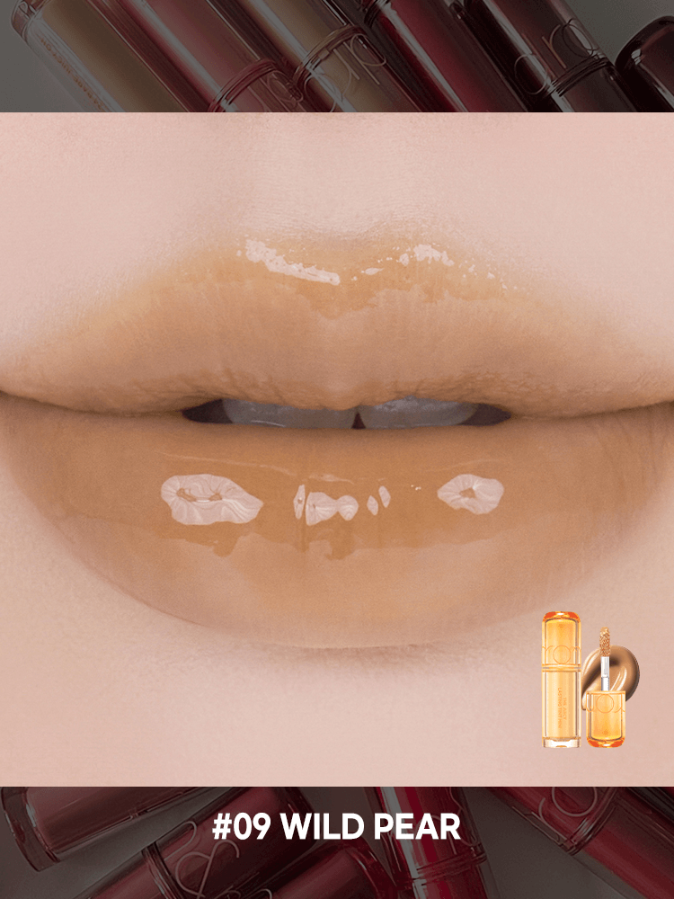 romand juicy lasting tint in shade #09 Wild Pear with a glossy finish on lips.