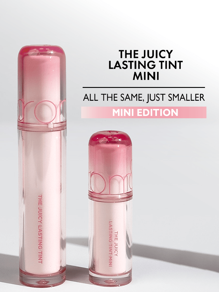 romand The juicy lasting tint Mini edition packaging with two size options for lip tint.