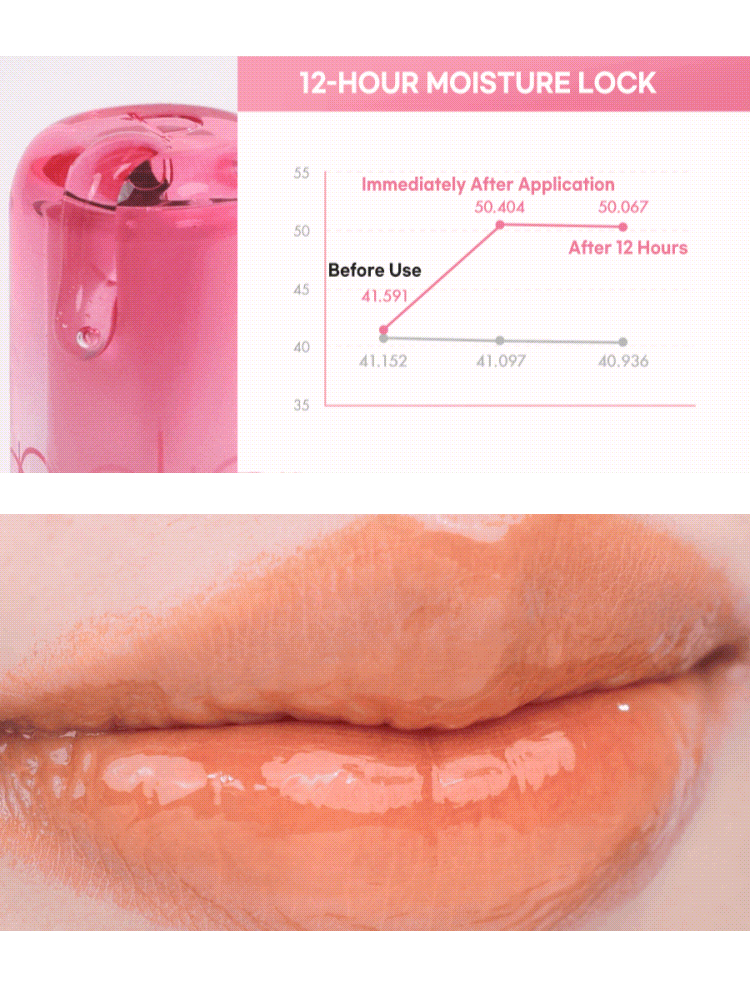 rom&nd The juicy lasting tint Mini 1g showing 12-hour moisture lock results on lips after application.